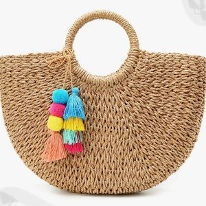 Womens Large Handwoven Straw/Tote/Hobo/Summer Bag with Pom Poms